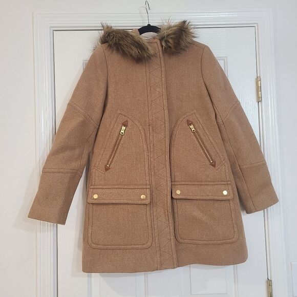 J Crew Stadium Cloth Nello Gori Wool Coat Jacket Fur Hood Size 6 Outerwear - Picture 1 of 14